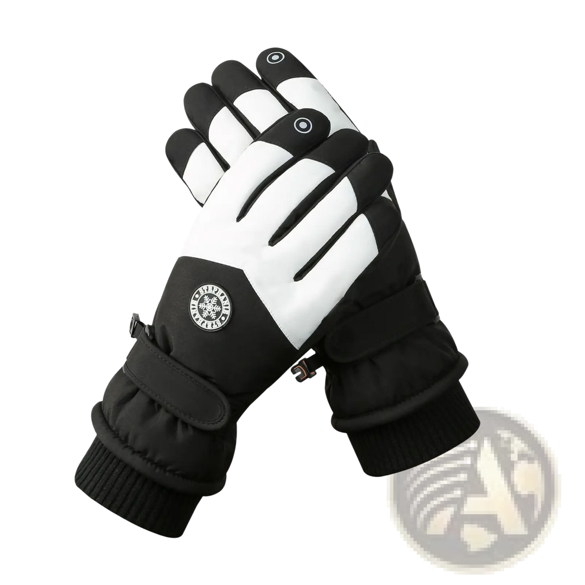 Black and white insulated touchscreen winter cycling gloves with circular logo patch on the back hand waterproof warm