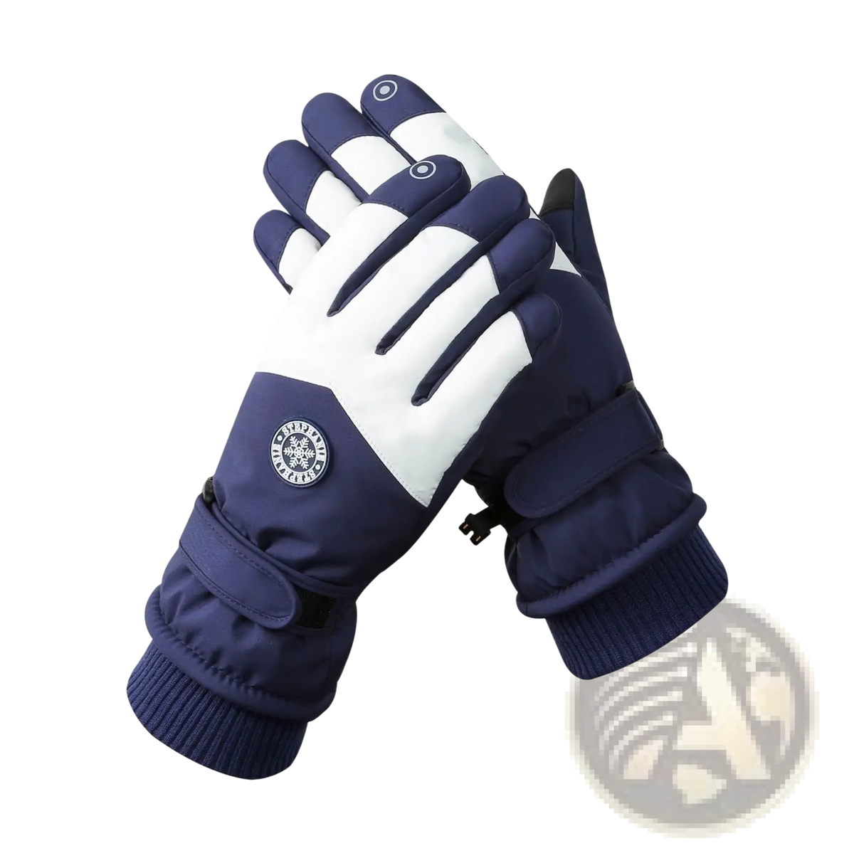 Navy blue and white insulated touchscreen winter cycling gloves with waterproof warm material and circular logo patch on the back side