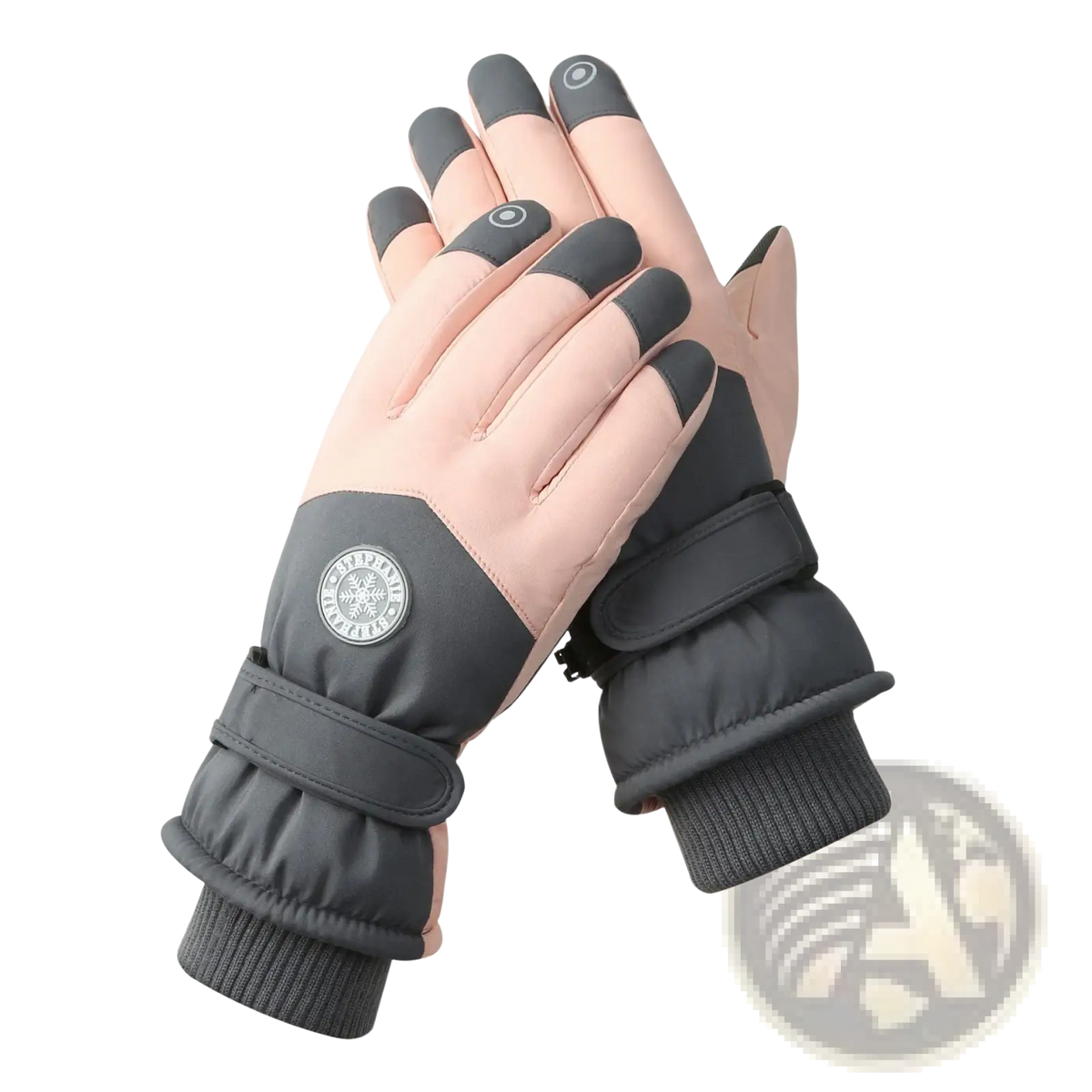 Pink and black touchscreen winter cycling gloves with waterproof warm material padded wrist strap and ribbed cuff shown from back side