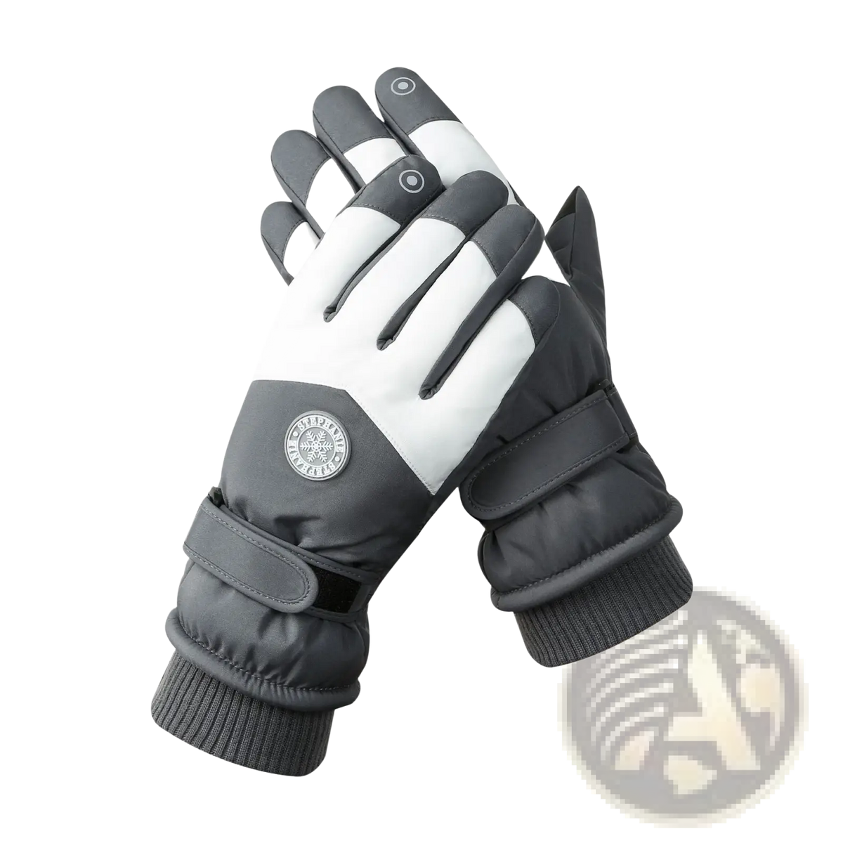 Black and white insulated touchscreen winter cycling gloves with waterproof warmth and circular logo on the back wrist