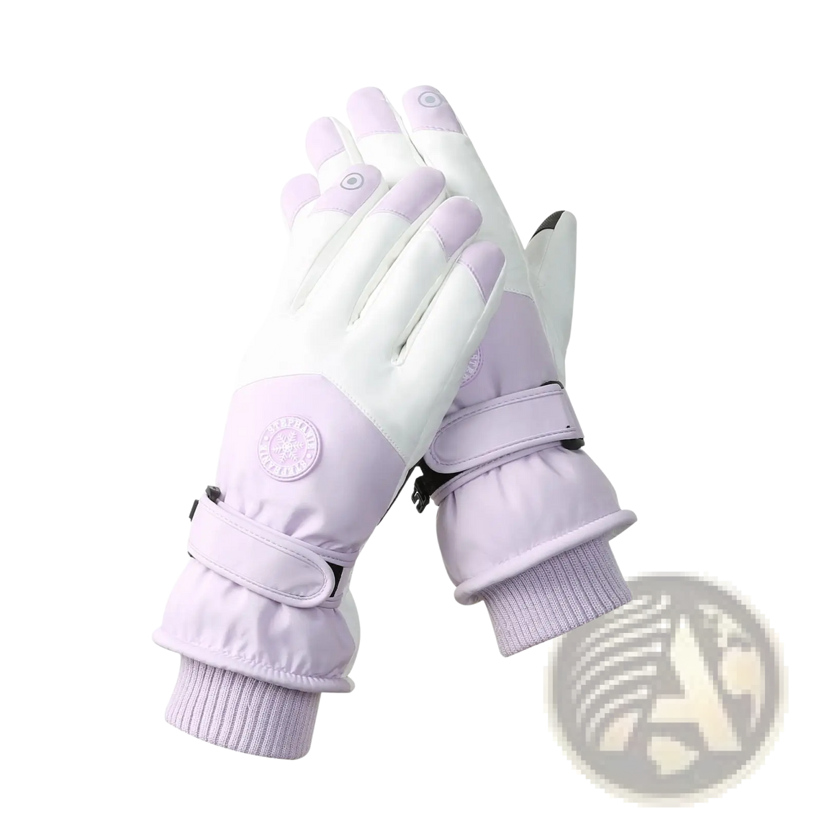 Light purple and white insulated waterproof touchscreen winter cycling gloves with adjustable wrist straps and ribbed cuffs