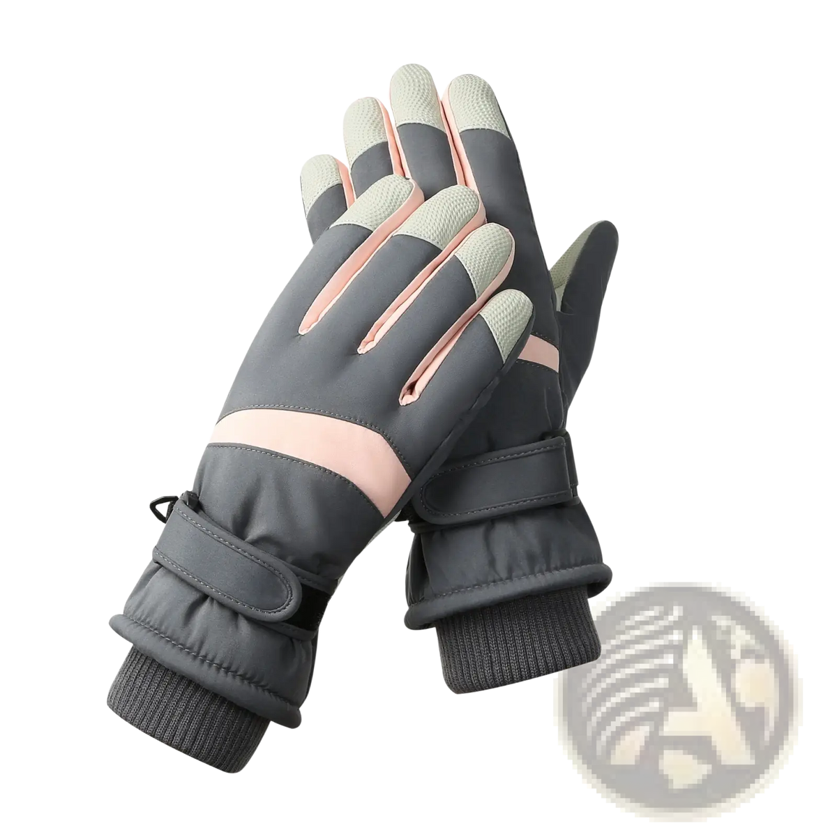 Dark gray and blush pink touchscreen waterproof winter cycling gloves with reinforced fingertips and adjustable wrist straps