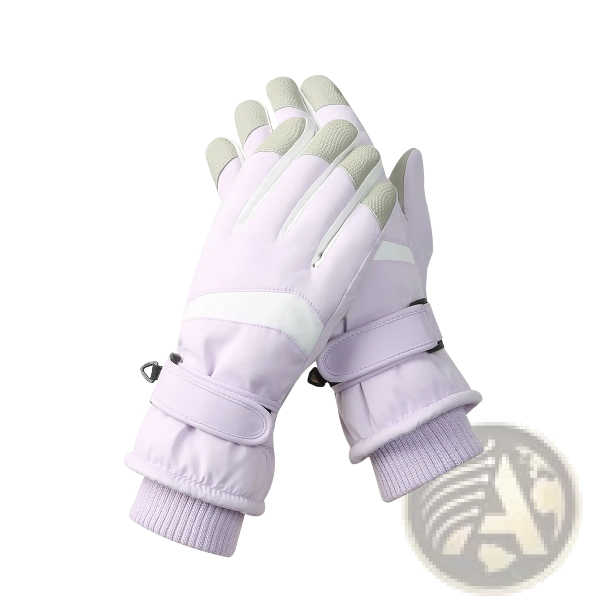 Light purple insulated waterproof winter cycling gloves with touchscreen fingertips and adjustable wrist straps from back side