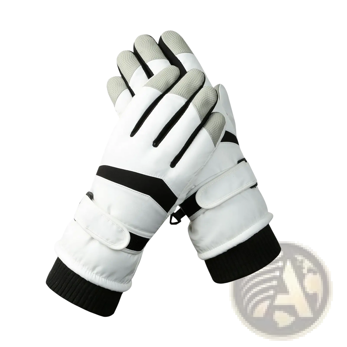White and black touchscreen winter cycling gloves with gray textured fingertips and adjustable velcro straps for warmth and waterproof protection