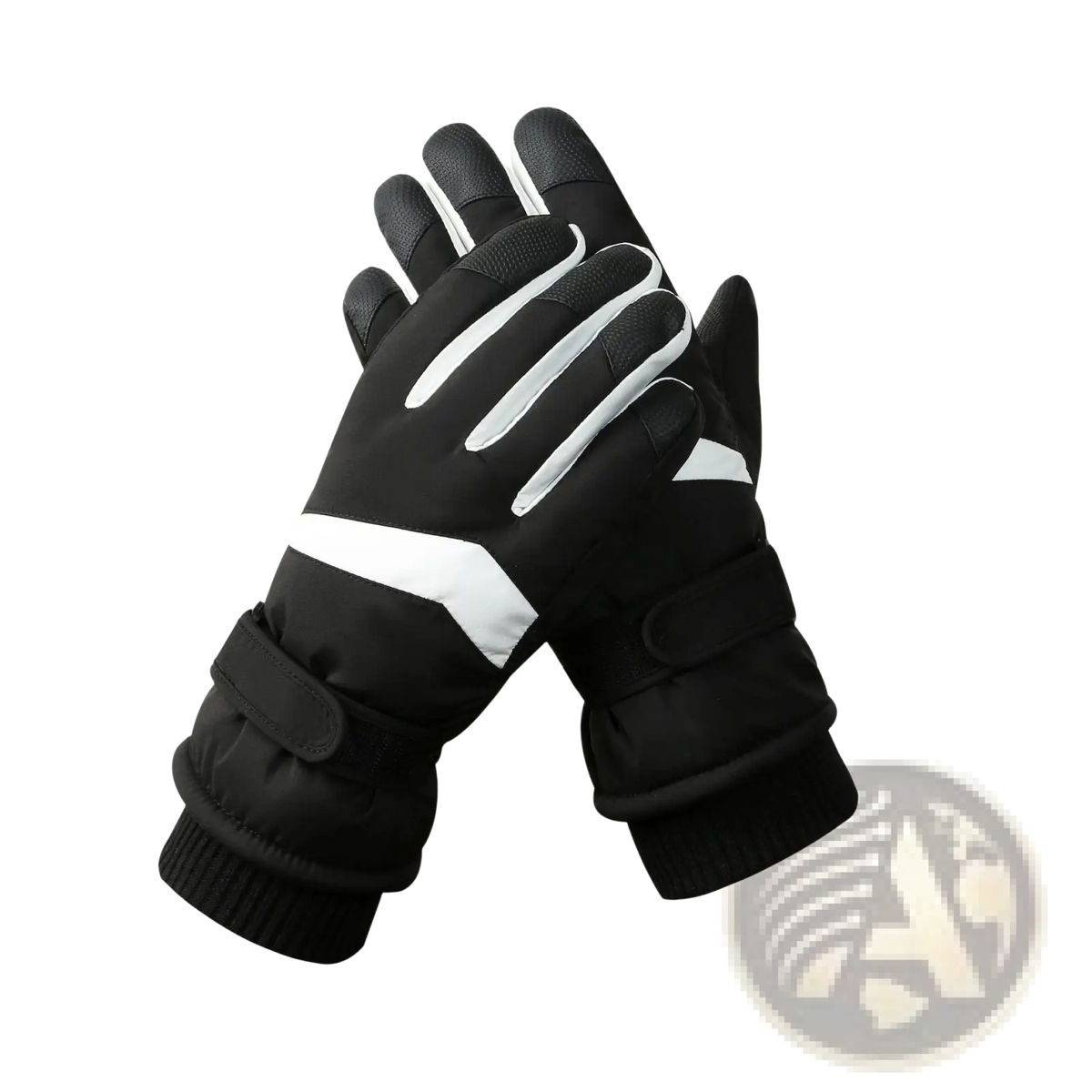 Black touchscreen winter cycling gloves with white reflective stripes and adjustable wrist straps shown from the back side