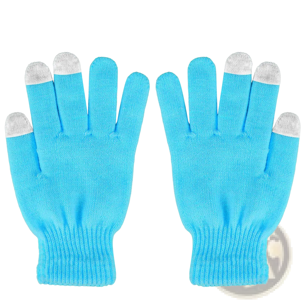 Light blue knitted touchscreen winter gloves with silver-tipped fingertips warm unisex design shown from the back side