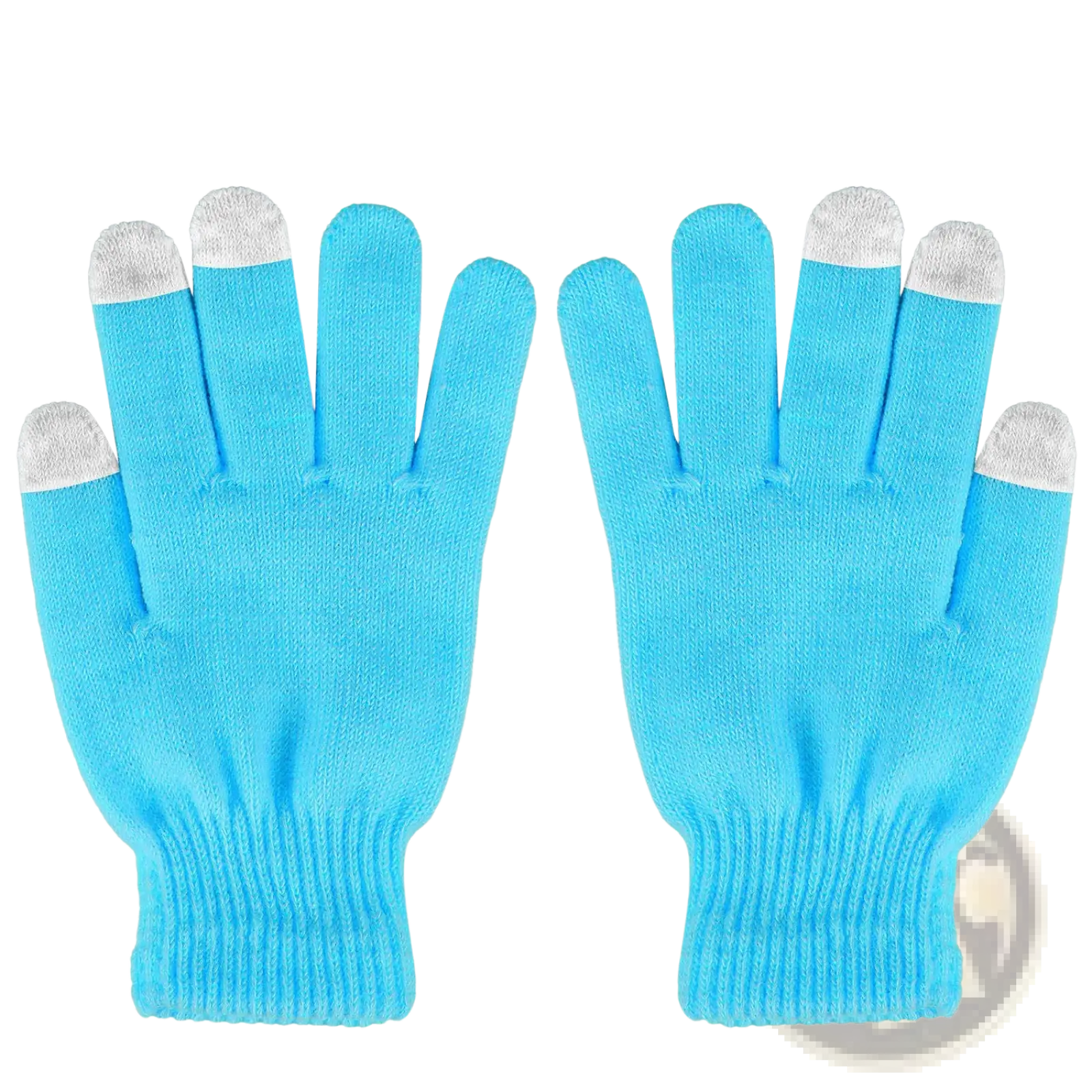 Light blue knitted touchscreen winter gloves with silver-tipped fingertips warm unisex design shown from the back side