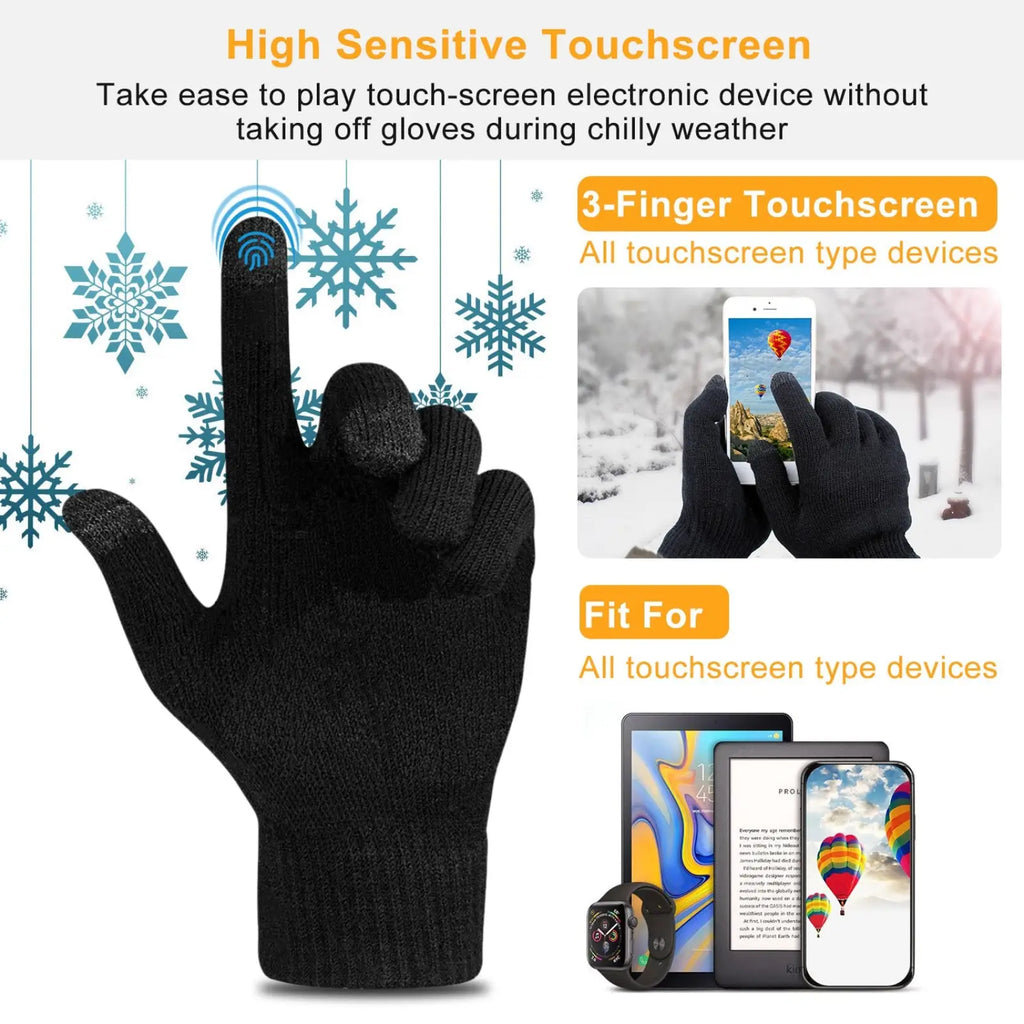 Black knitted touchscreen winter knit gloves with three-finger touch capability for unisex use on all devices