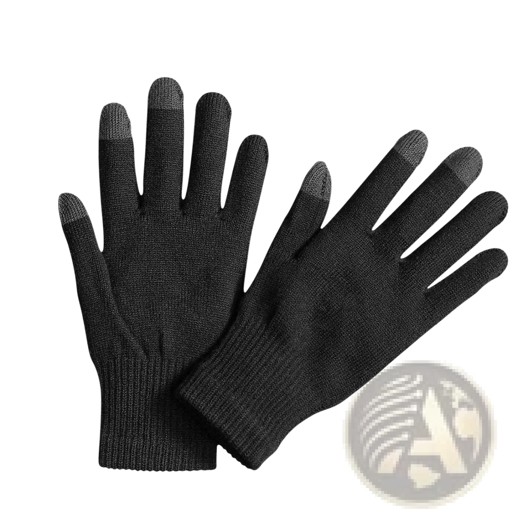 Black touchscreen winter knit gloves with reinforced fingertips and ribbed cuffs for warm unisex use back view