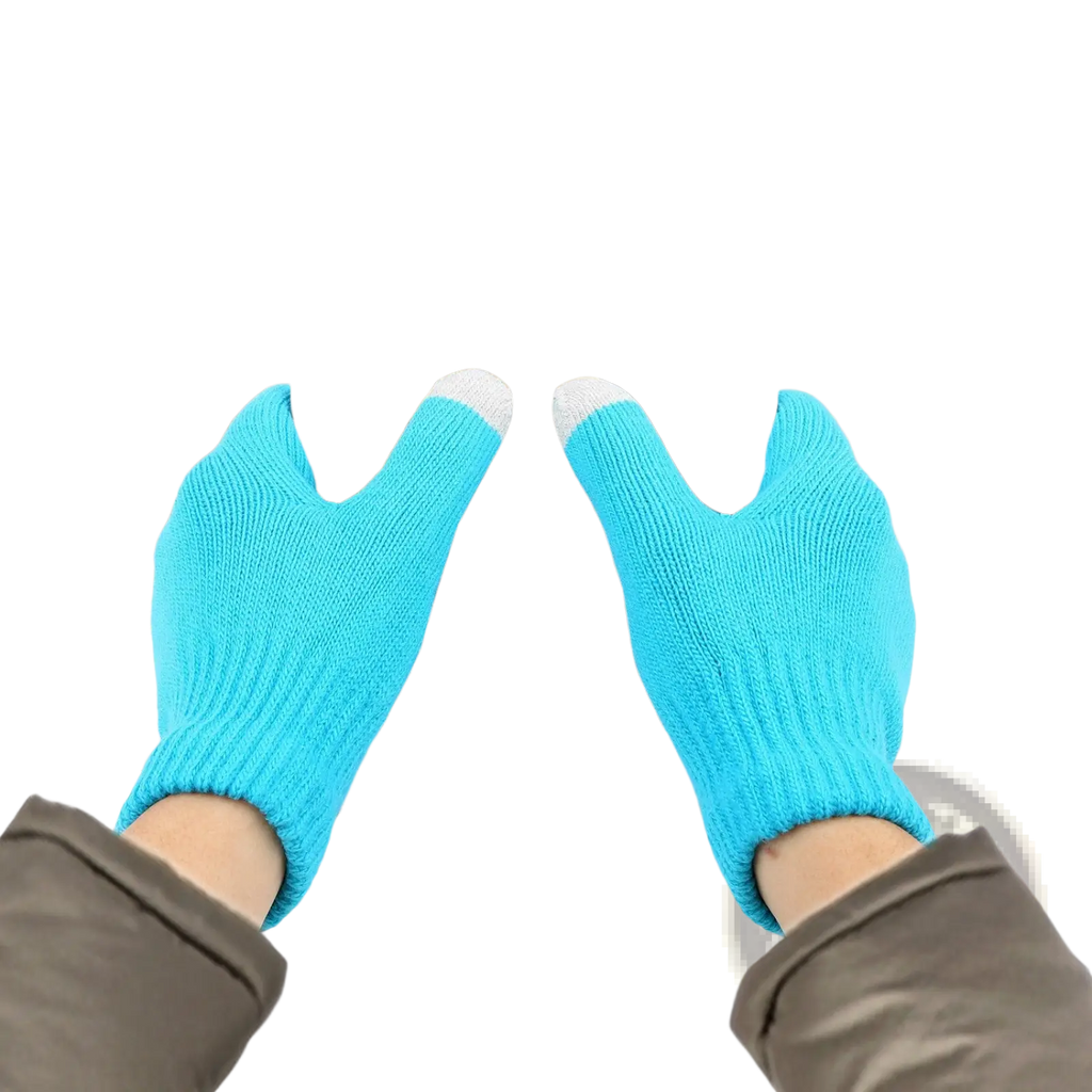 Bright blue knitted touchscreen winter gloves with white fingertips designed for warmth and unisex use