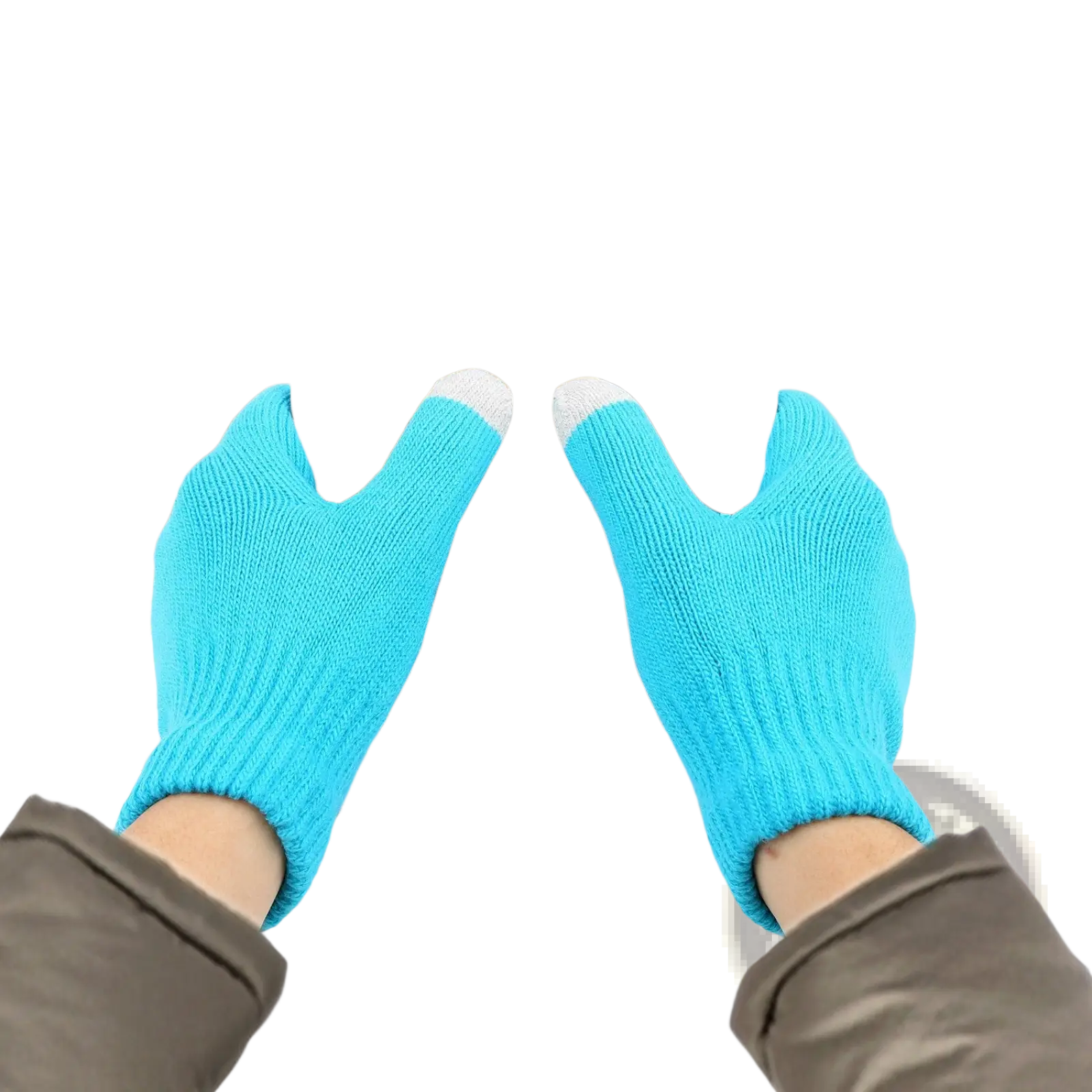 Bright blue knitted touchscreen winter gloves with white fingertips designed for warmth and unisex use