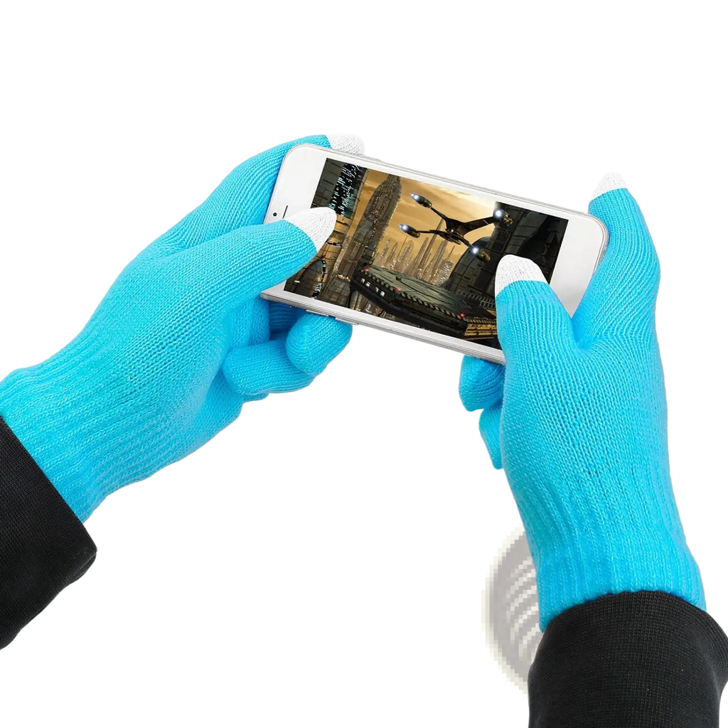 Bright blue knitted touchscreen winter gloves with white fingertips designed for warmth and unisex use