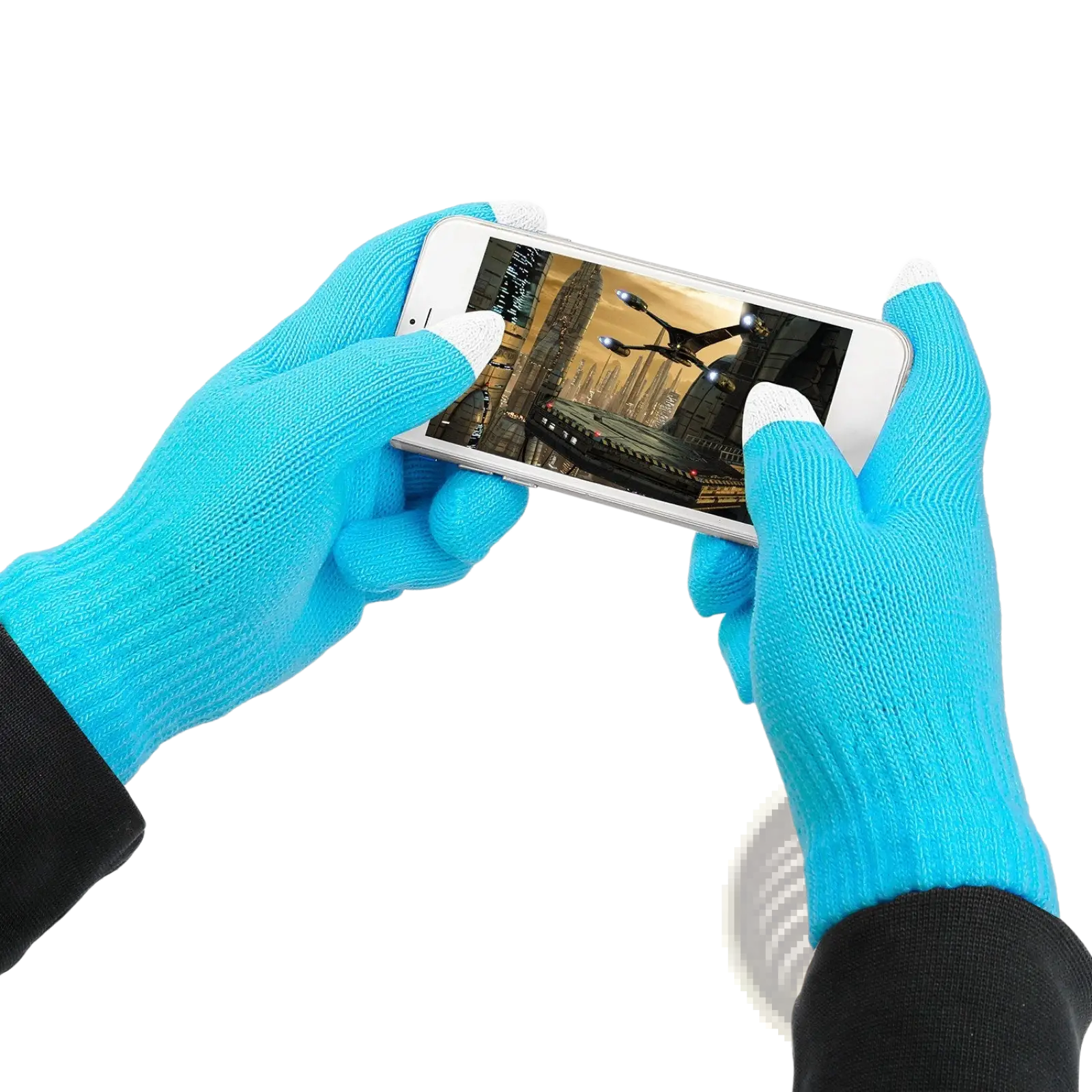 Bright blue knitted touchscreen winter gloves with white fingertips designed for warmth and unisex use