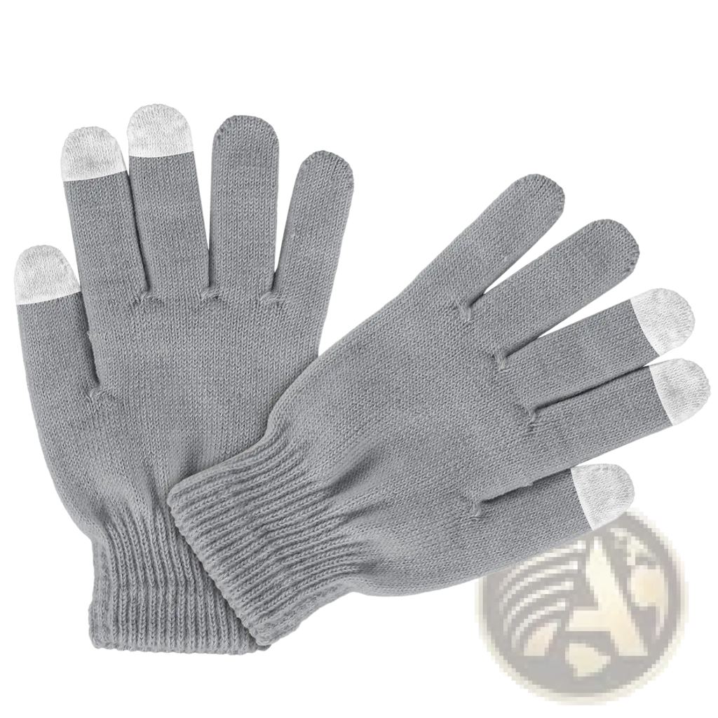 Gray knitted touchscreen winter gloves with white fingertips designed for warmth and unisex use showing back side