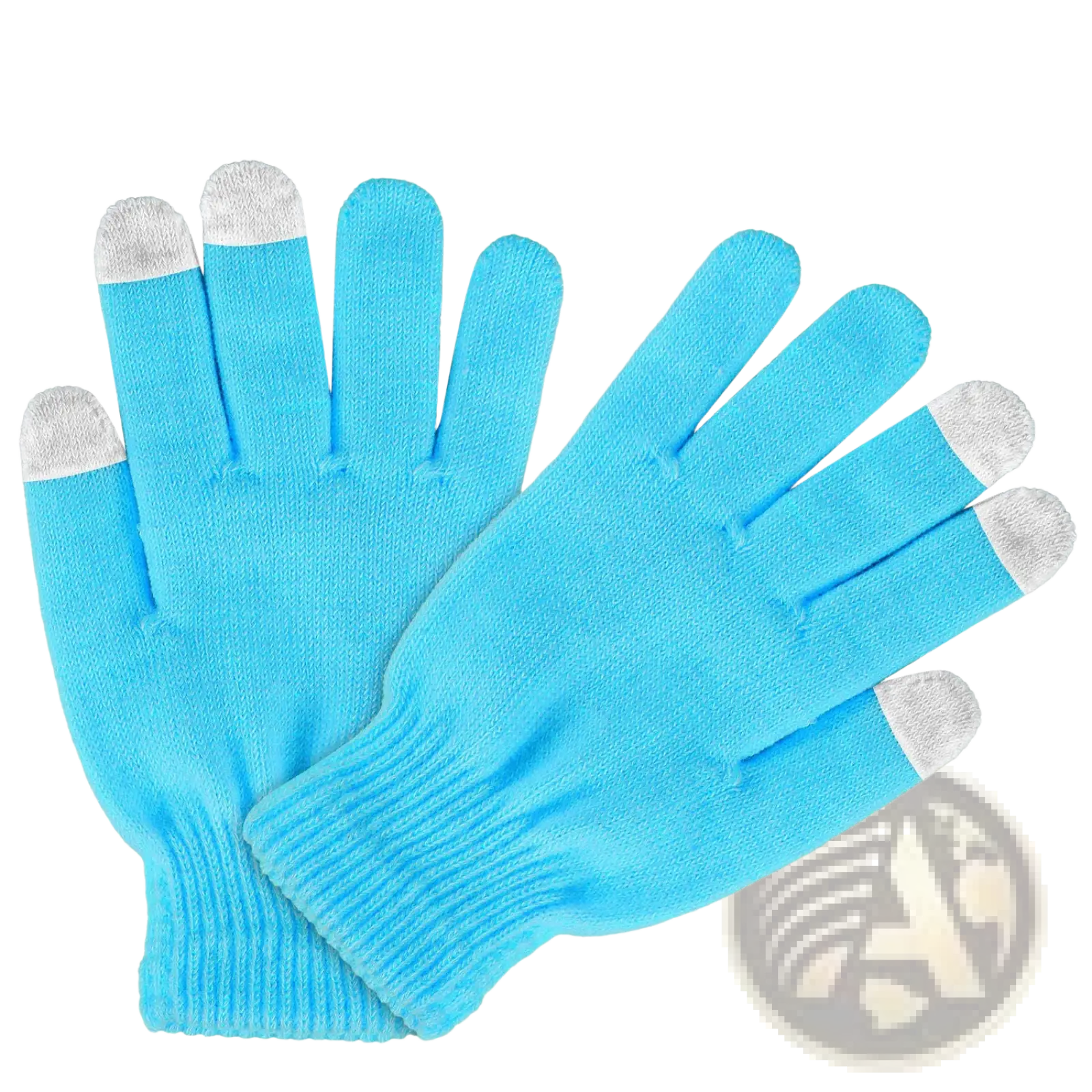 Light blue knitted touchscreen winter gloves with silver-tipped fingers warm unisex design shown from back side