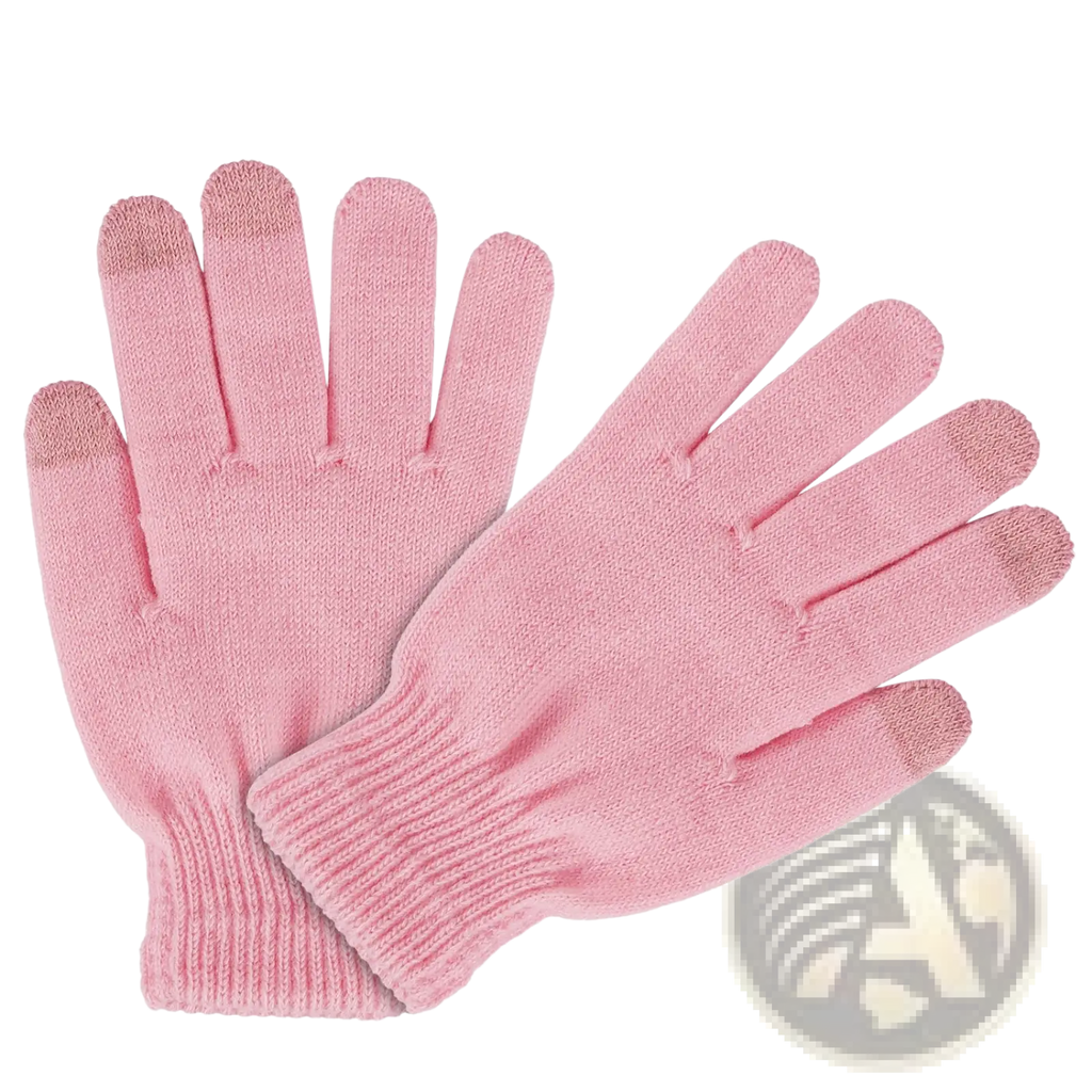 Pink knitted touchscreen winter gloves with textured fingertips designed for warm unisex use