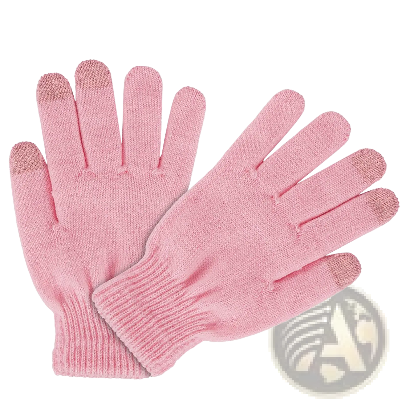 Pink knitted touchscreen winter gloves with textured fingertips designed for warm unisex use