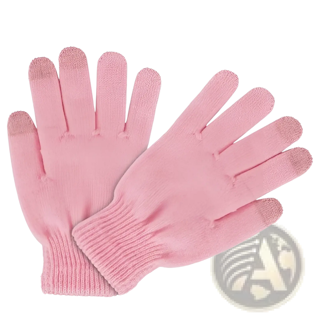 Pink knitted touchscreen gloves with textured fingertips and ribbed cuffs for warm windproof winter use