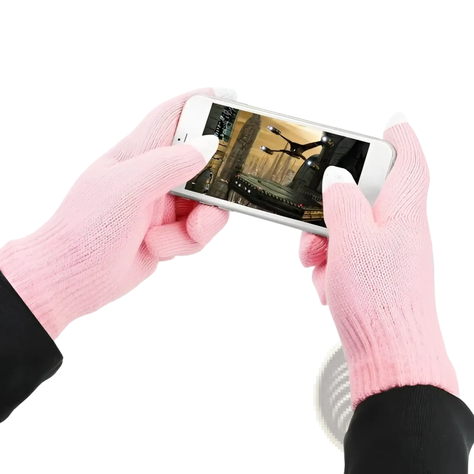 Pink knitted touchscreen winter gloves with white fingertips warm windproof and made from soft fabric