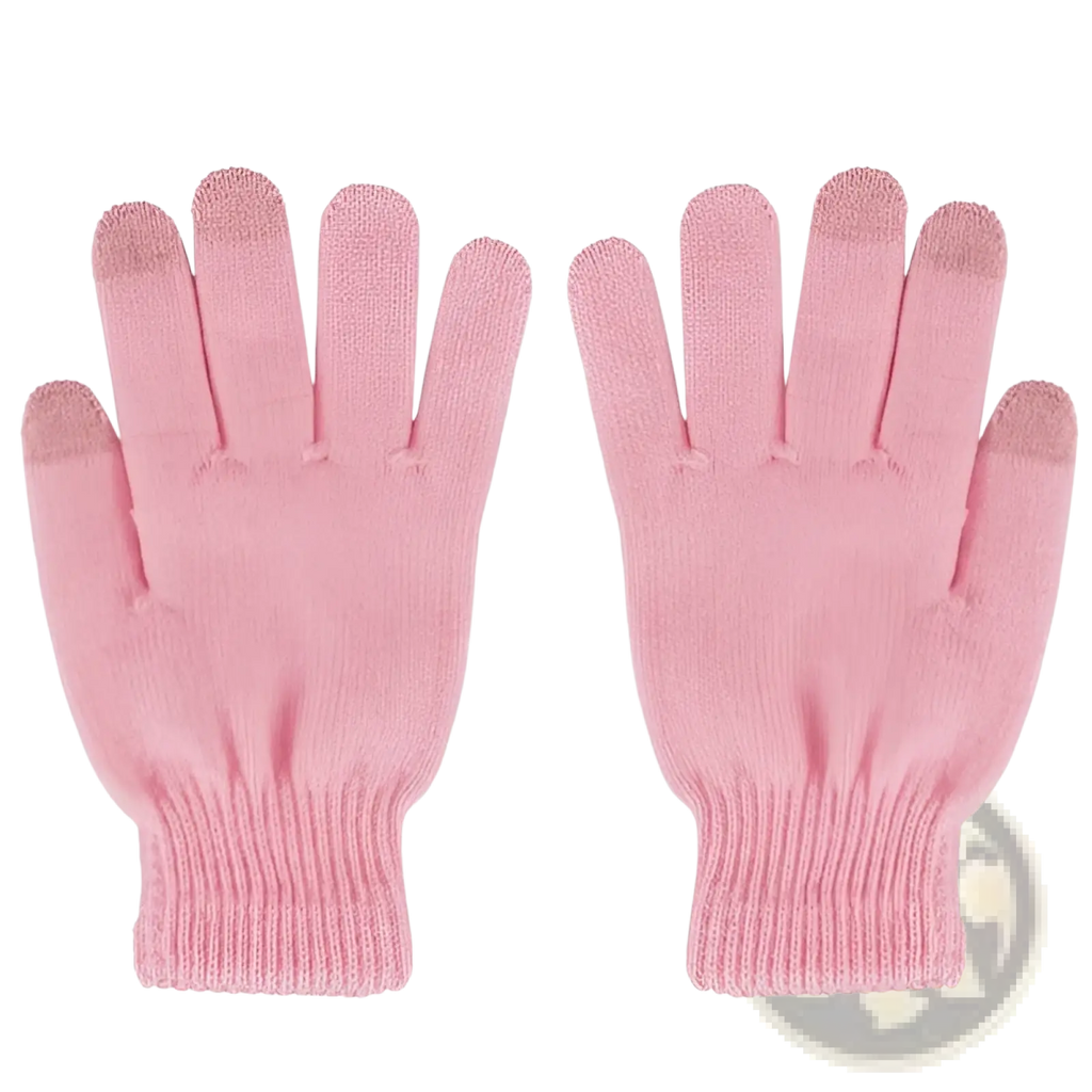 A pair of soft pink knitted touchscreen winter gloves with ribbed cuffs designed to be warm and windproof