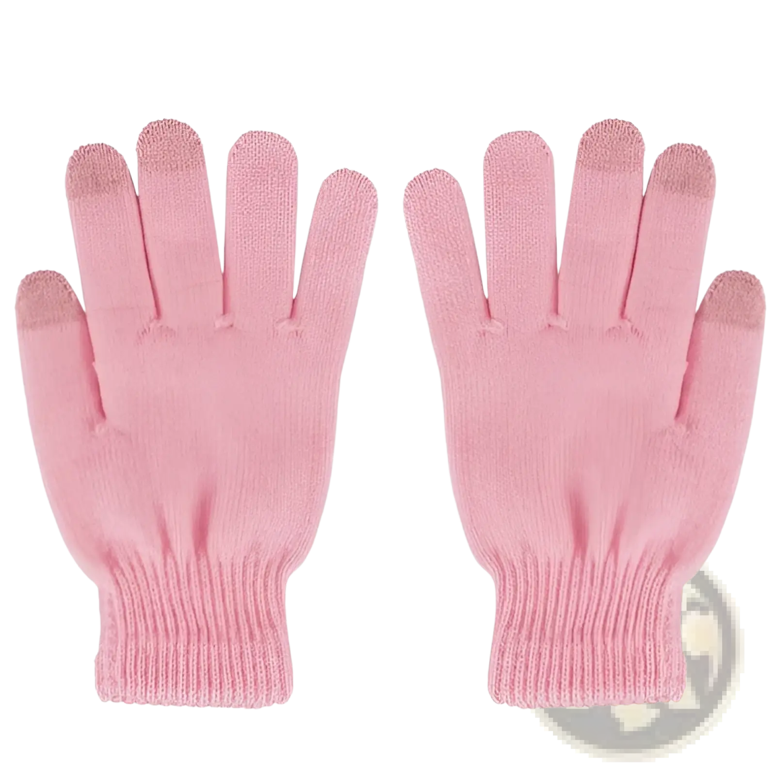 A pair of soft pink knitted touchscreen winter gloves with ribbed cuffs designed to be warm and windproof