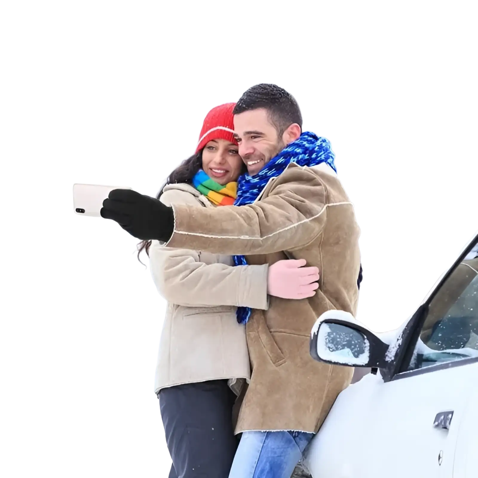 Person wearing black touchscreen winter knit gloves holding a white smartphone showing glove use in cold weather