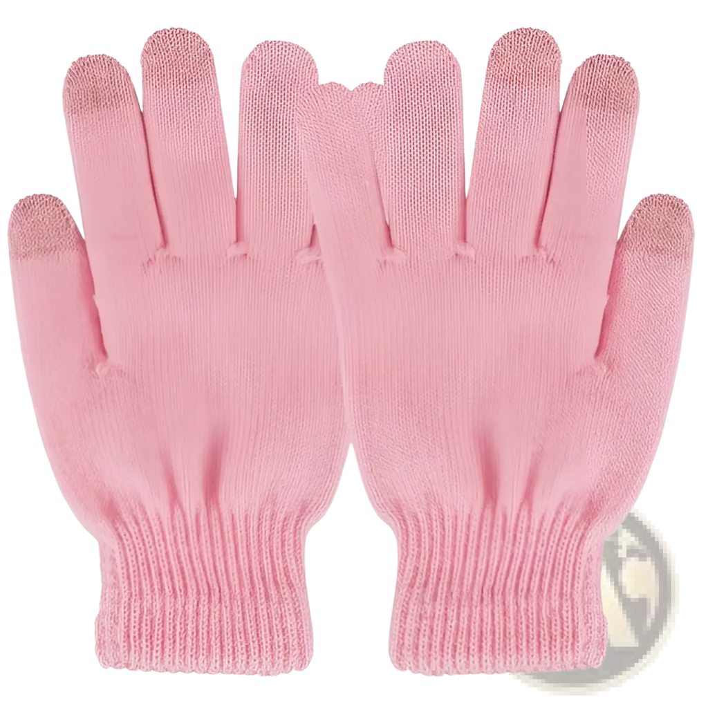 Pink knitted touchscreen winter gloves with ribbed cuffs and textured fingertips for warm windproof use