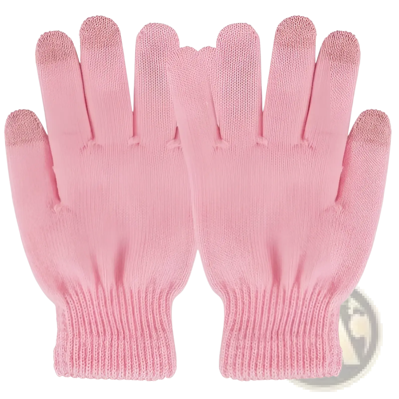 Pink knitted touchscreen winter gloves with ribbed cuffs and textured fingertips for warm windproof use