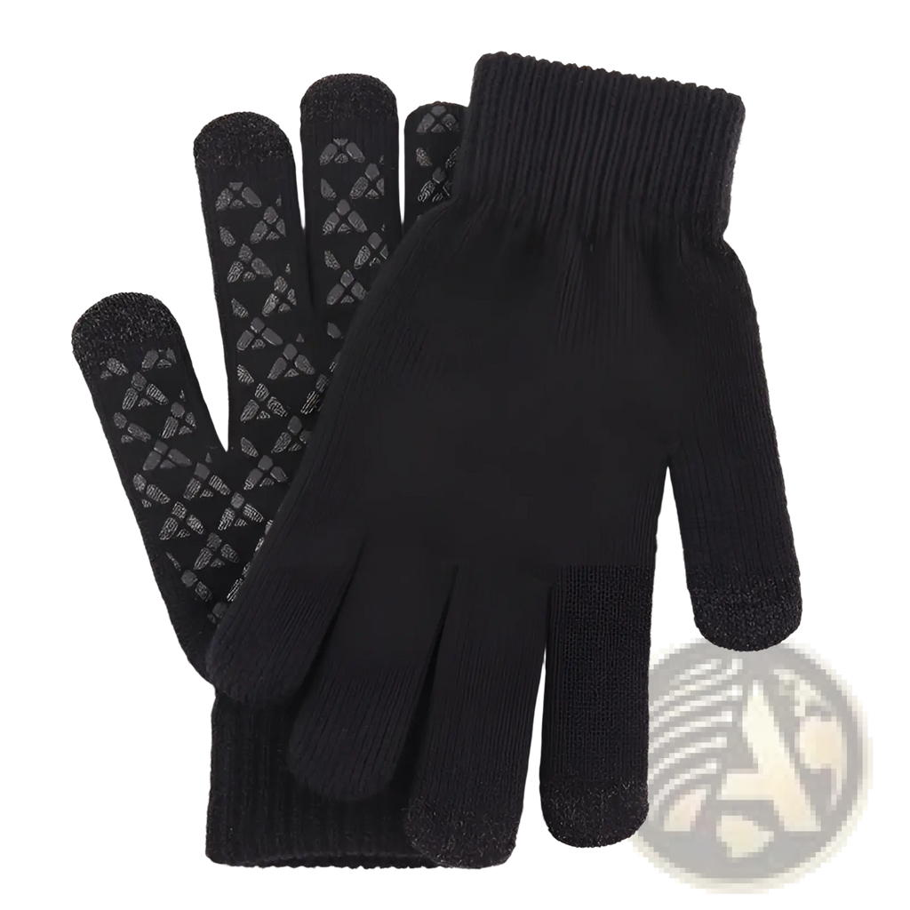 Black knitted wool touchscreen winter gloves with textured diamond pattern on fingertips shown from the back side