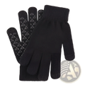 Black knitted wool touchscreen winter gloves with textured diamond pattern on fingertips shown from the back side