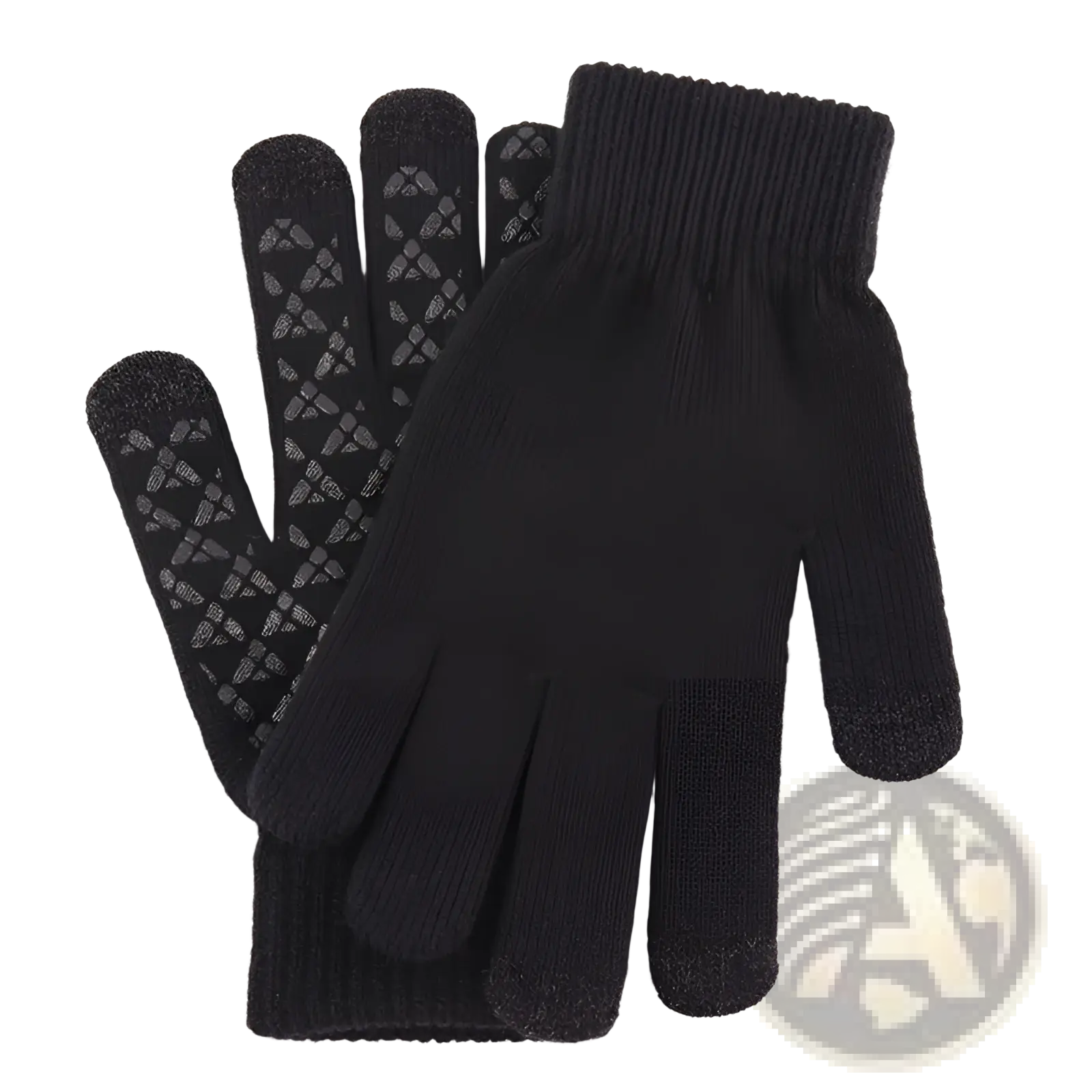 Black knitted wool touchscreen winter gloves with textured diamond pattern on fingertips shown from the back side