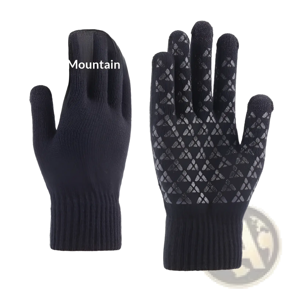 Black touchscreen wool winter gloves with textured geometric pattern on fingertips and palm for cold weather use