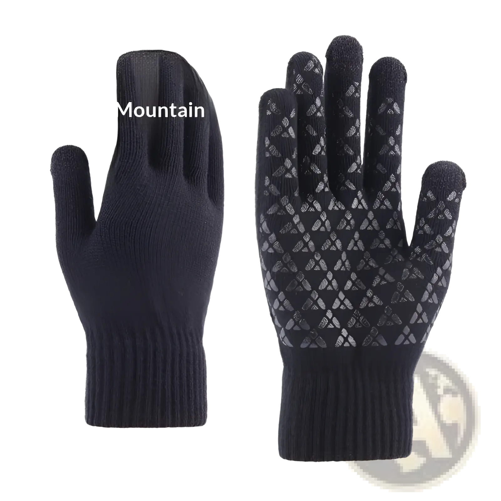 Black touchscreen wool winter gloves with textured geometric pattern on fingertips and palm for cold weather use