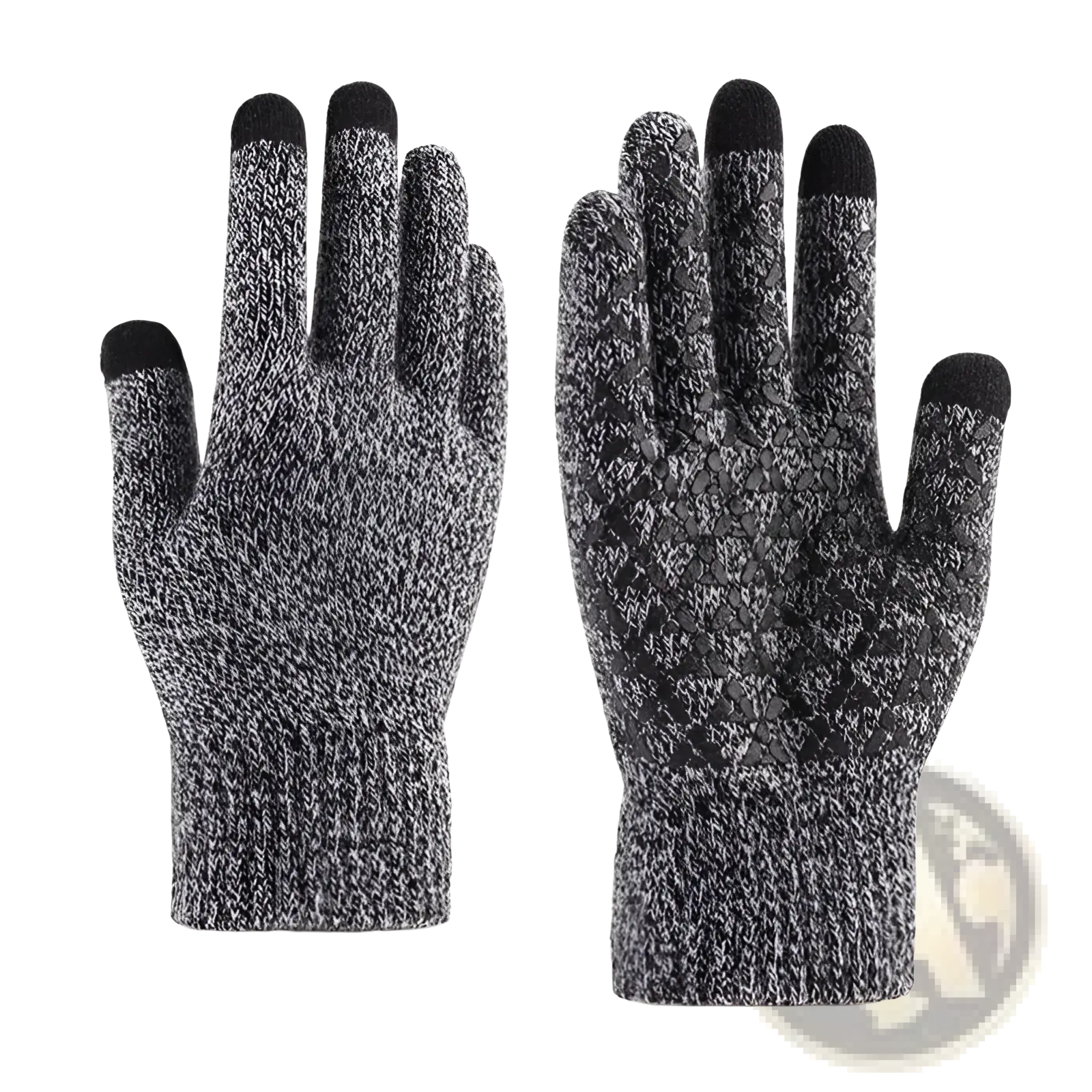 Gray and black speckled knit touchscreen wool winter gloves with reinforced fingertips shown from back side