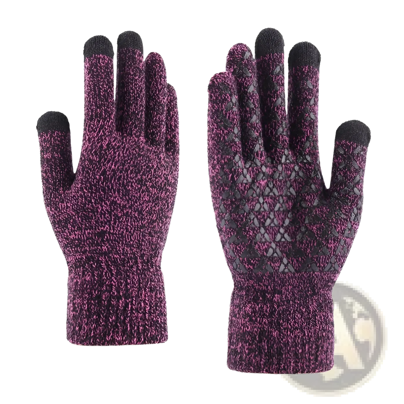 Purple and black knit touchscreen wool winter gloves with textured palm for enhanced grip and smartphone use