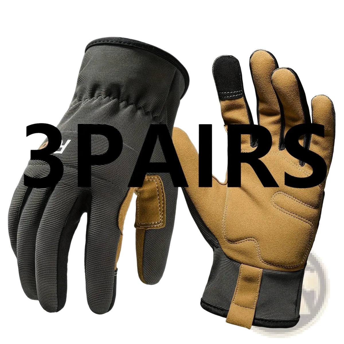 Tan and black touchscreen work gloves with reinforced palm patches and adjustable wrist straps for men and women