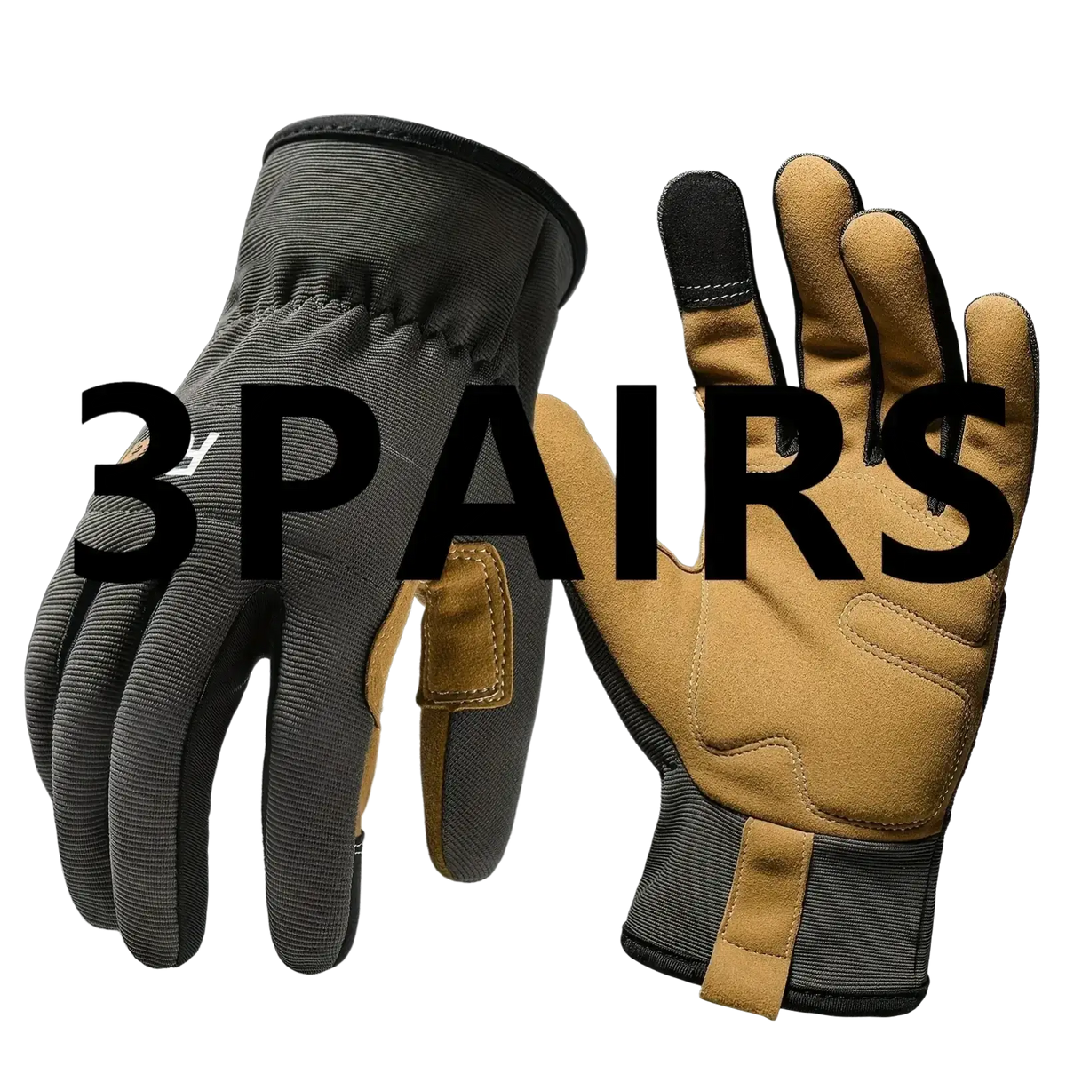 Touchscreen work gloves for men and women with black and tan leather, reinforced palms, and adjustable wrist straps