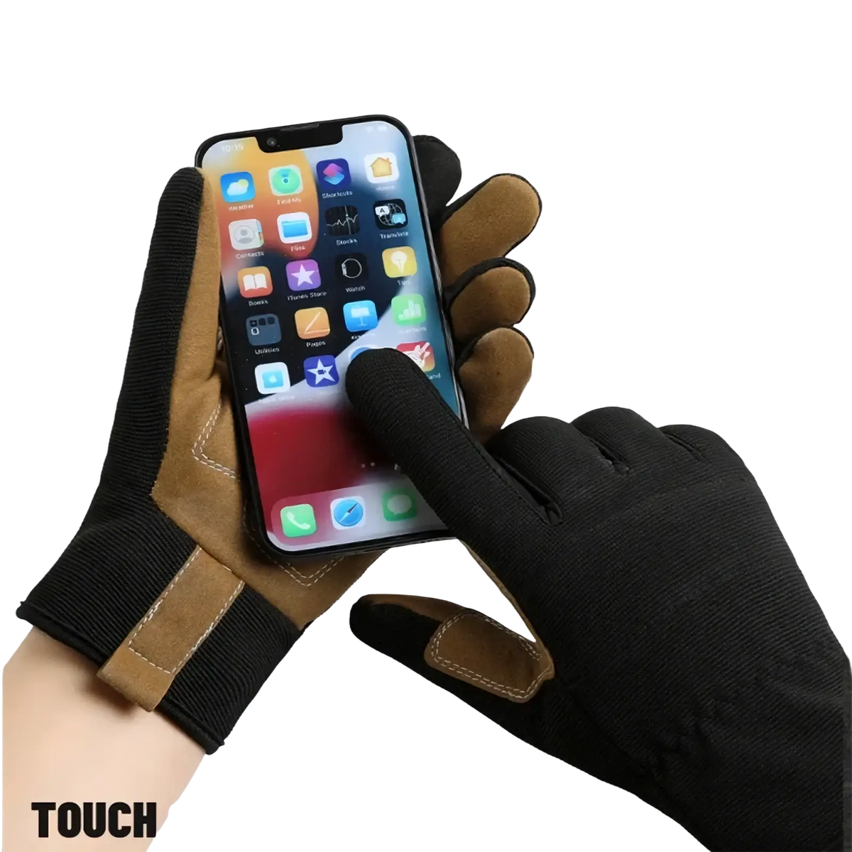 Touchscreen work gloves for men and women in black and tan with reinforced finger tips for precise phone interaction