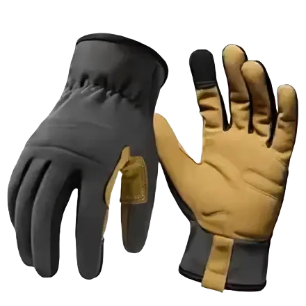 Black and tan touchscreen work gloves with reinforced fingertips and durable stitching for men and women
