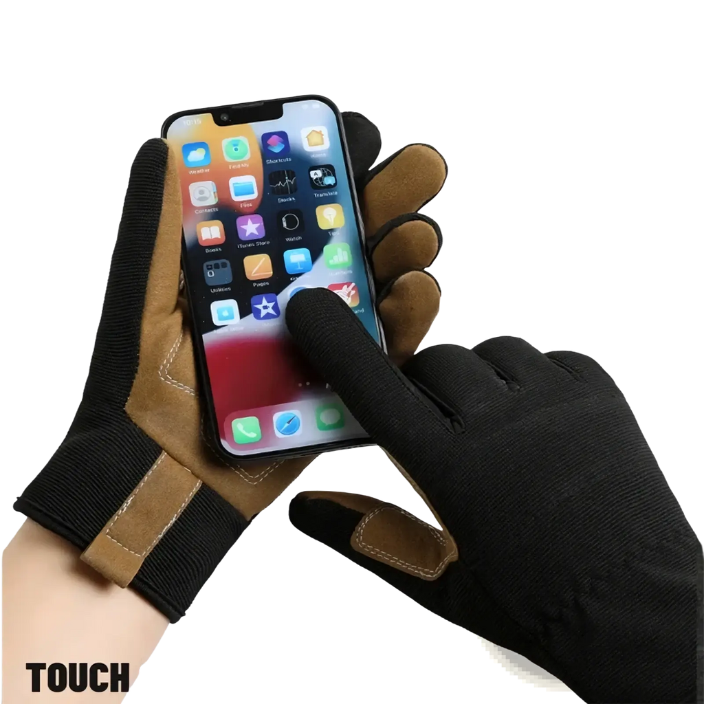 Touchscreen work gloves for men and women in black and tan with reinforced finger tips for precise phone interaction