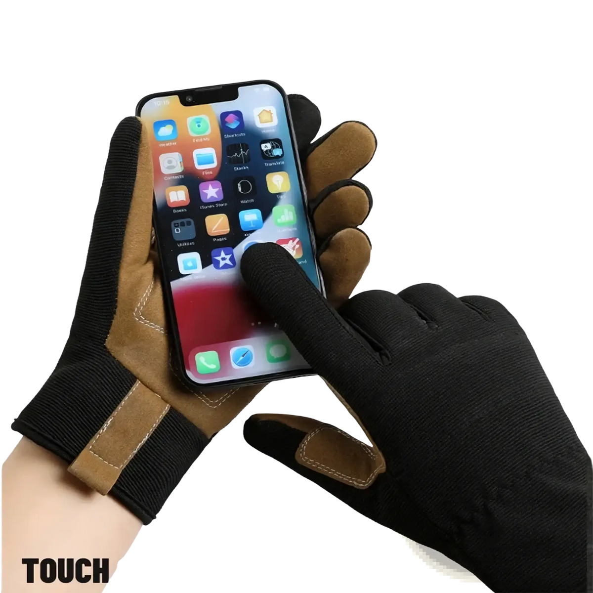 Touchscreen work gloves for men and women in black and tan with reinforced finger tips for precise phone interaction