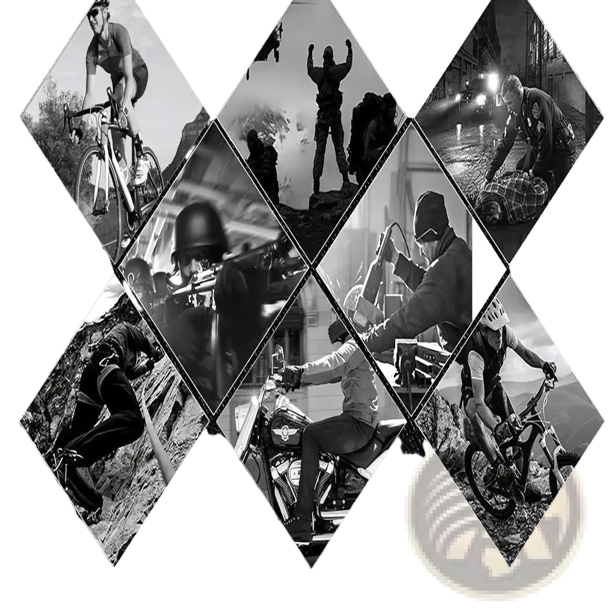 Black and white diamond collage of touchscreen work gloves for men and women on textured denim background