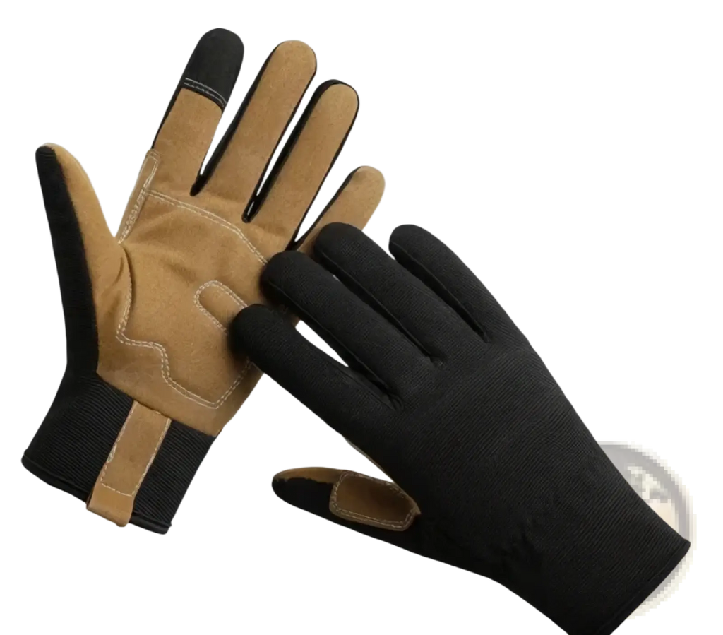 Tan and black touchscreen work gloves with reinforced palm patches designed for men and women in durable material