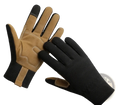 Tan and black touchscreen work gloves with reinforced palm patches designed for men and women in durable material