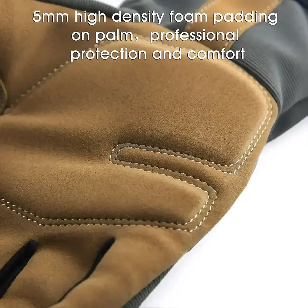 Brown suede touchscreen work glove with 5mm high-density foam padding on palm for professional protection and comfort