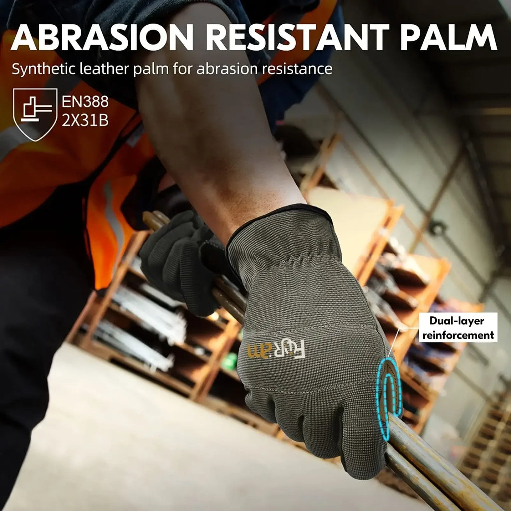 Dark gray synthetic leather touchscreen work glove for men and women with dual-layer reinforcement and visible logo on back