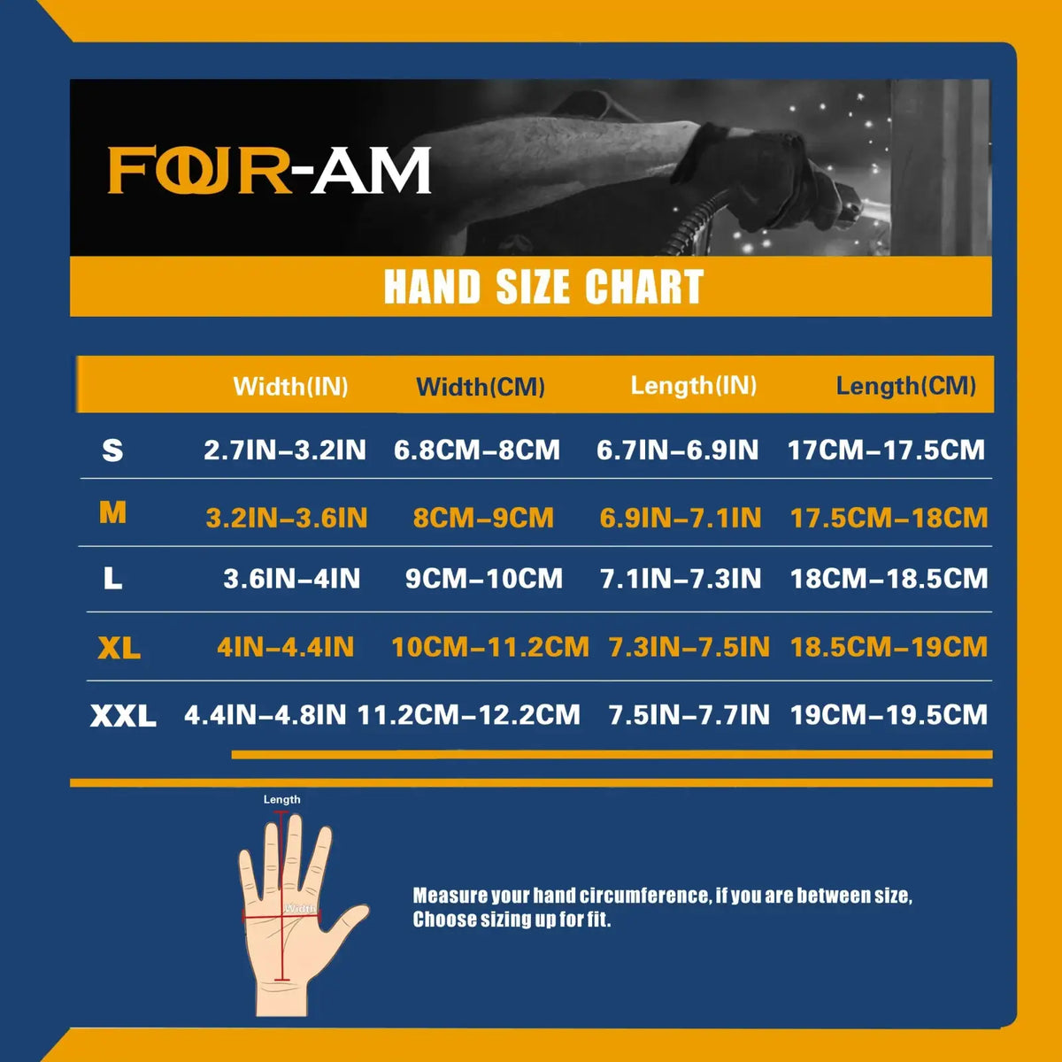 Four-am touchscreen work gloves size chart showing measurements for s to xxl in inches and centimeters