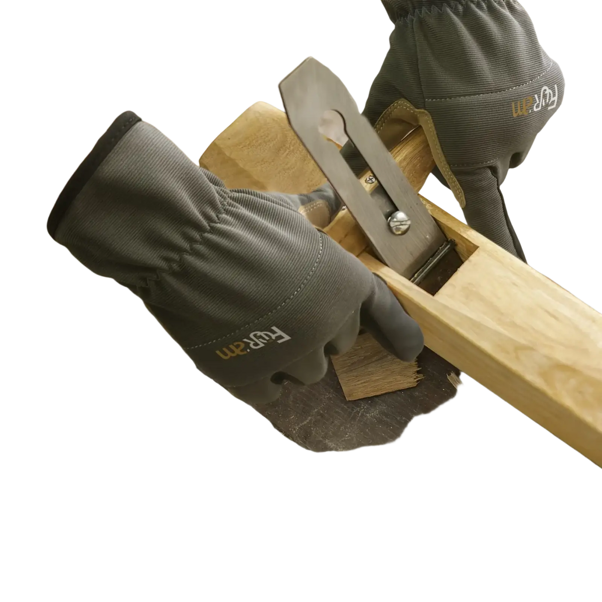 Gray touchscreen work gloves with reinforced stitching and branded logo visible on the back of each hand for men and women