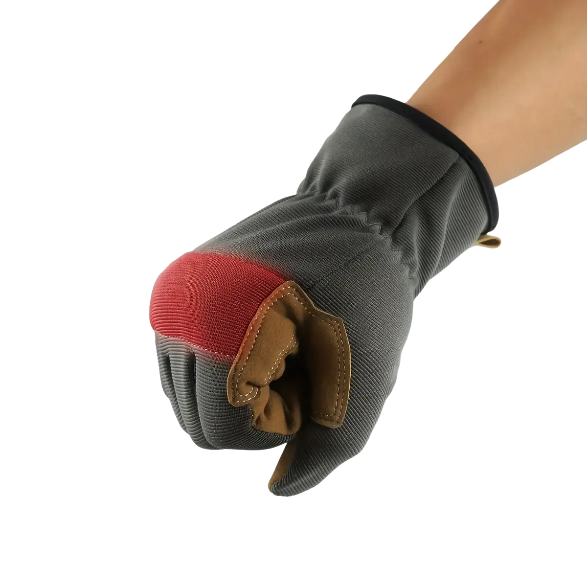 Gray touchscreen work gloves with red knuckle patch and tan leather palm feature reinforced stitching for durability