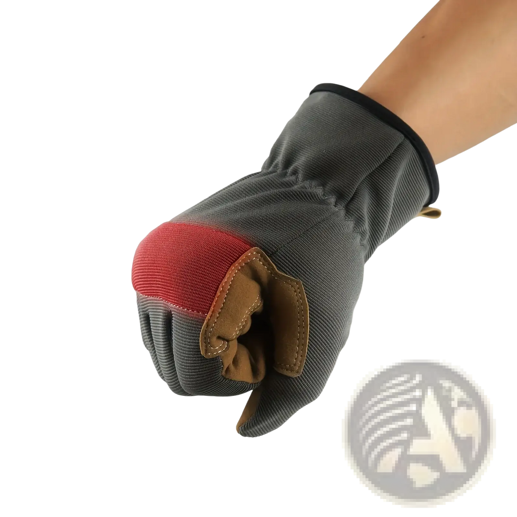 Gray touchscreen work glove with red and brown reinforced knuckle padding shown from the back side for men and women